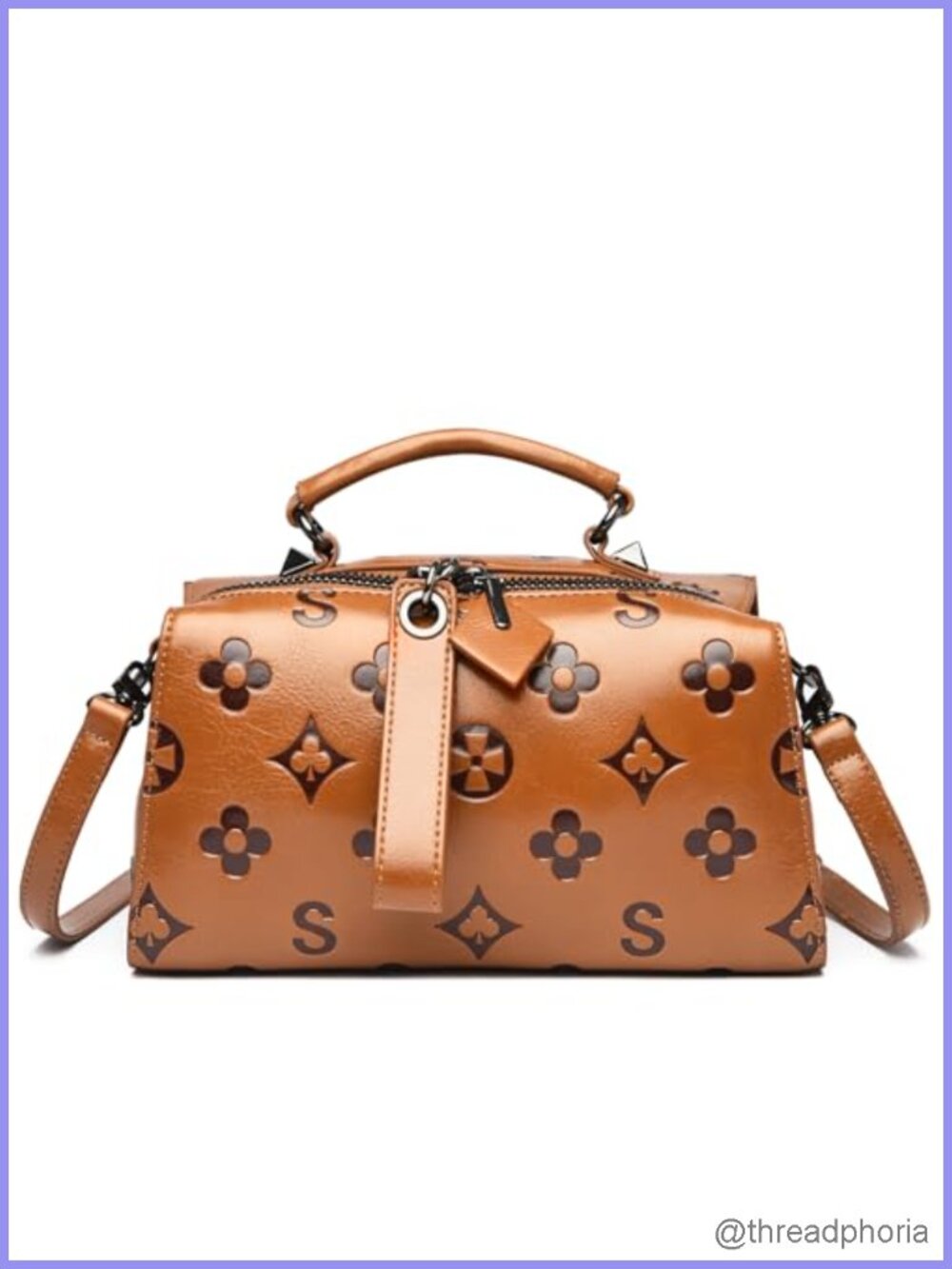 Vegan Leather Crossbody Bag with Floral Embossed Pattern Satchel Purse